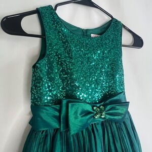 Girls Green Sequined Taffeta Dress Satin Bow Party Twirly Sparkle Formal Tulle